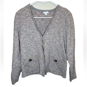 J. Jill Cotton Pink Gray Cardigan Sweater Size M Clasp Front Textured V Neck EUC